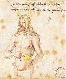 Dürer deutet auf seine Milz (Skizze um 1528): "Do der gelb fleck ist vnd mit dem finger drawff dewt do ist mir we." ("Da, wo der gelbe Fleck ist und worauf ich mit dem Finger deute, da tut es mir weh."