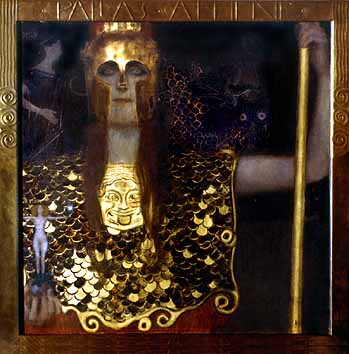 Pallas Athene oder Die Hoffnung (1898); die Göttin der Weisheit, der Strategie, aber auch des Kampfes war das Symbol für die Wiener Secession und die Abkehr von der zeitgenössischen Kunst in Österreich (herausgestreckte Zunge der Medea auf dem Brustschild).