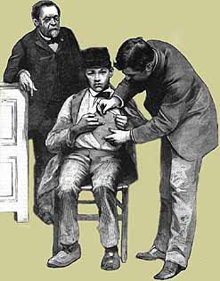 Joseph Meister bekommt von Louis Pasteur als erster Mensch eine Impfung gegen Tollwut