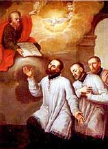Paulus berreicht Antonius und seinen beiden Gefhrten Giacomo Antonio Morigia und Bartolomeo Ferrari die Ordensregel